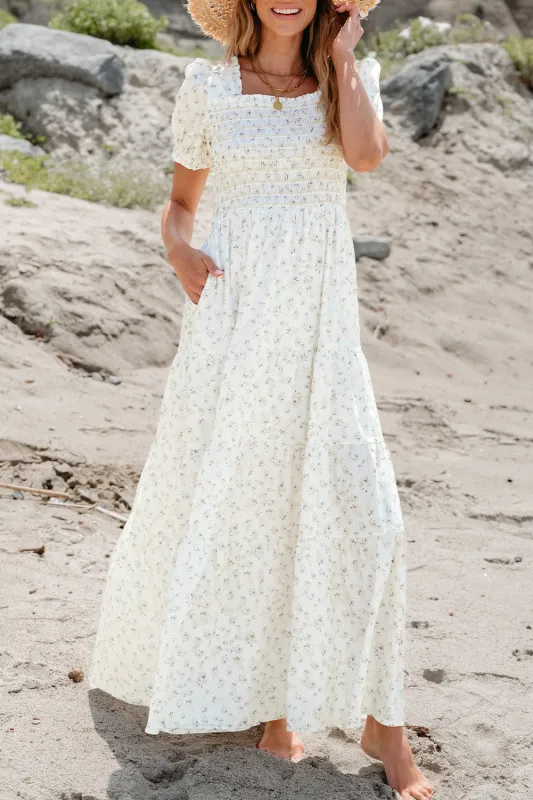 Robin Frilly Shirred Bodice Tiered Floral Maxi Dress by Threaded Pear sold by Zulily