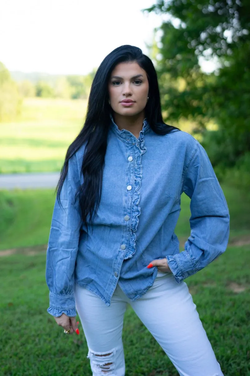 Allyson Ruffled Long Sleeve Buttoned Denim Shirt by Threaded Pear sold by Zulily product image thumbnail 4