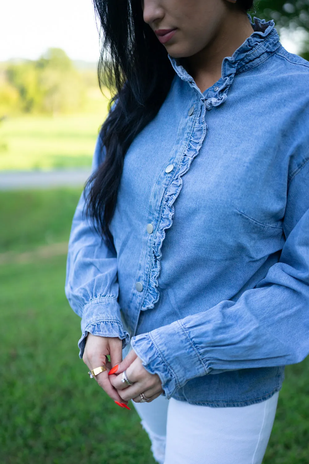 Allyson Ruffled Long Sleeve Buttoned Denim Shirt by Threaded Pear sold by Zulily product image thumbnail 3
