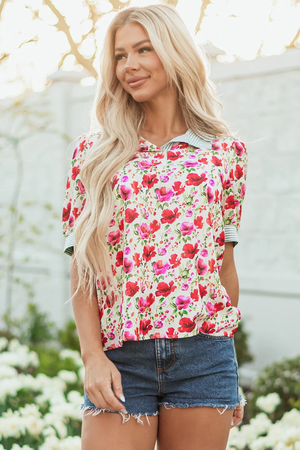 Romy Floral Striped Patchwork Collared Short Sleeve Blouse by Threaded Pear sold by Zulily product image thumbnail 4