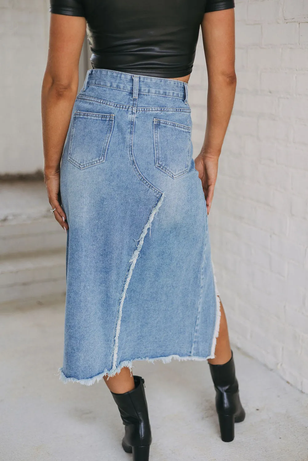 Cheyenne Frayed Slit Asymmetric Denim Midi Skirt by Threaded Pear sold by Zulily product image thumbnail 2