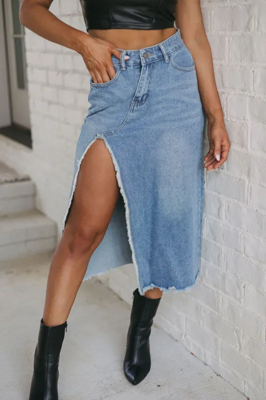 Cheyenne Frayed Slit Asymmetric Denim Midi Skirt by Threaded Pear sold by Zulily