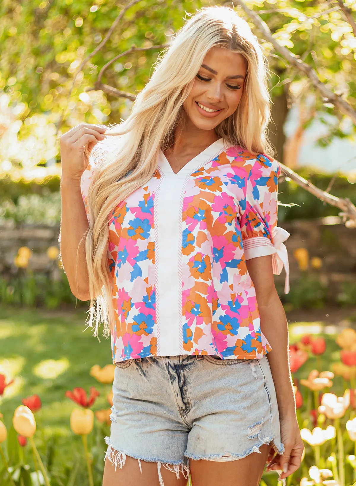 Aleia Floral Knotted Short Sleeve Blouse by Threaded Pear sold by Zulily product image thumbnail 5