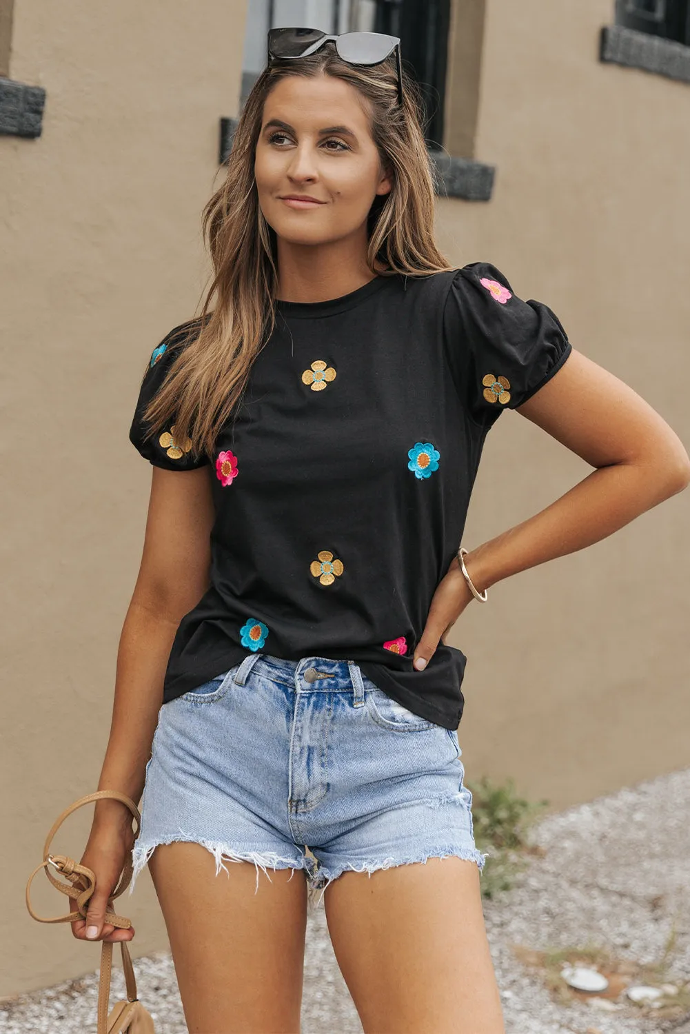 Oaklyn Embroidered Flower Short Puff Sleeve Tee by Threaded Pear sold by Zulily product image thumbnail 4