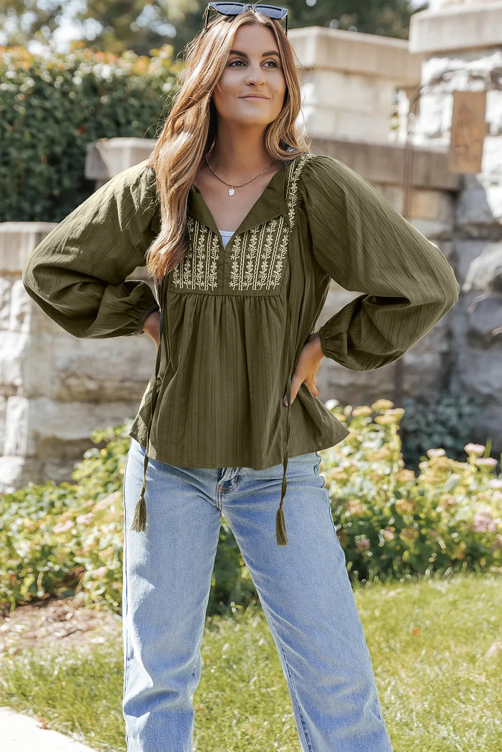 Eloise Embroidered Split Neck Top by Threaded Pear sold by Zulily product image thumbnail 4
