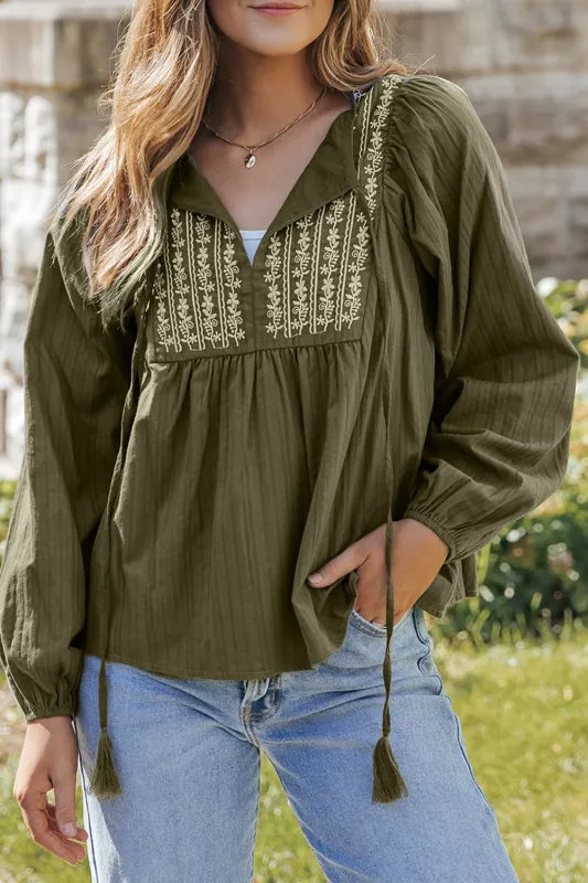 Eloise Embroidered Split Neck Top by Threaded Pear sold by Zulily