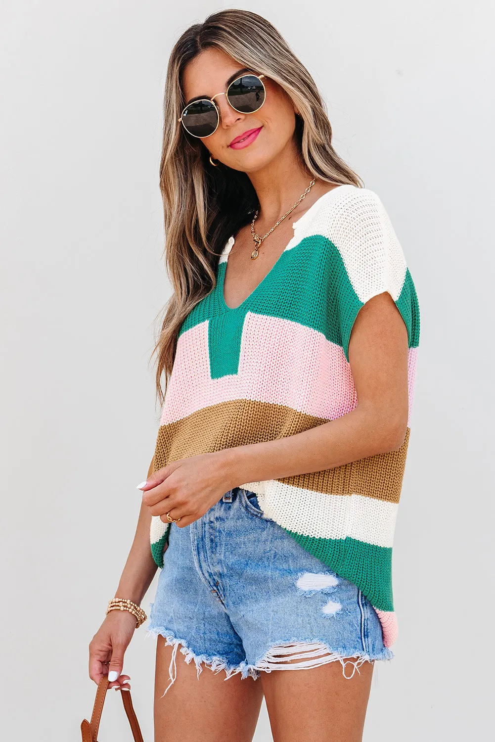 Elliot Color Block Notch V Neck Sweater Top by Threaded Pear sold by Zulily product image thumbnail 3