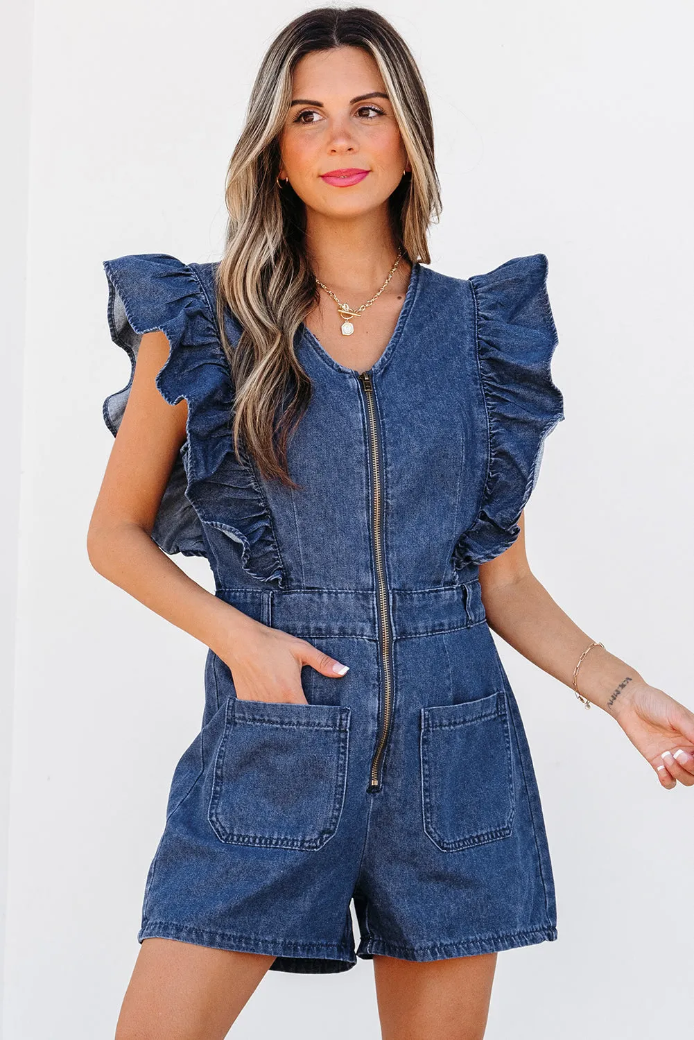 Amora Denim Ruffled Zipped Front Belted Romper by Threaded Pear sold by Zulily product image thumbnail 5