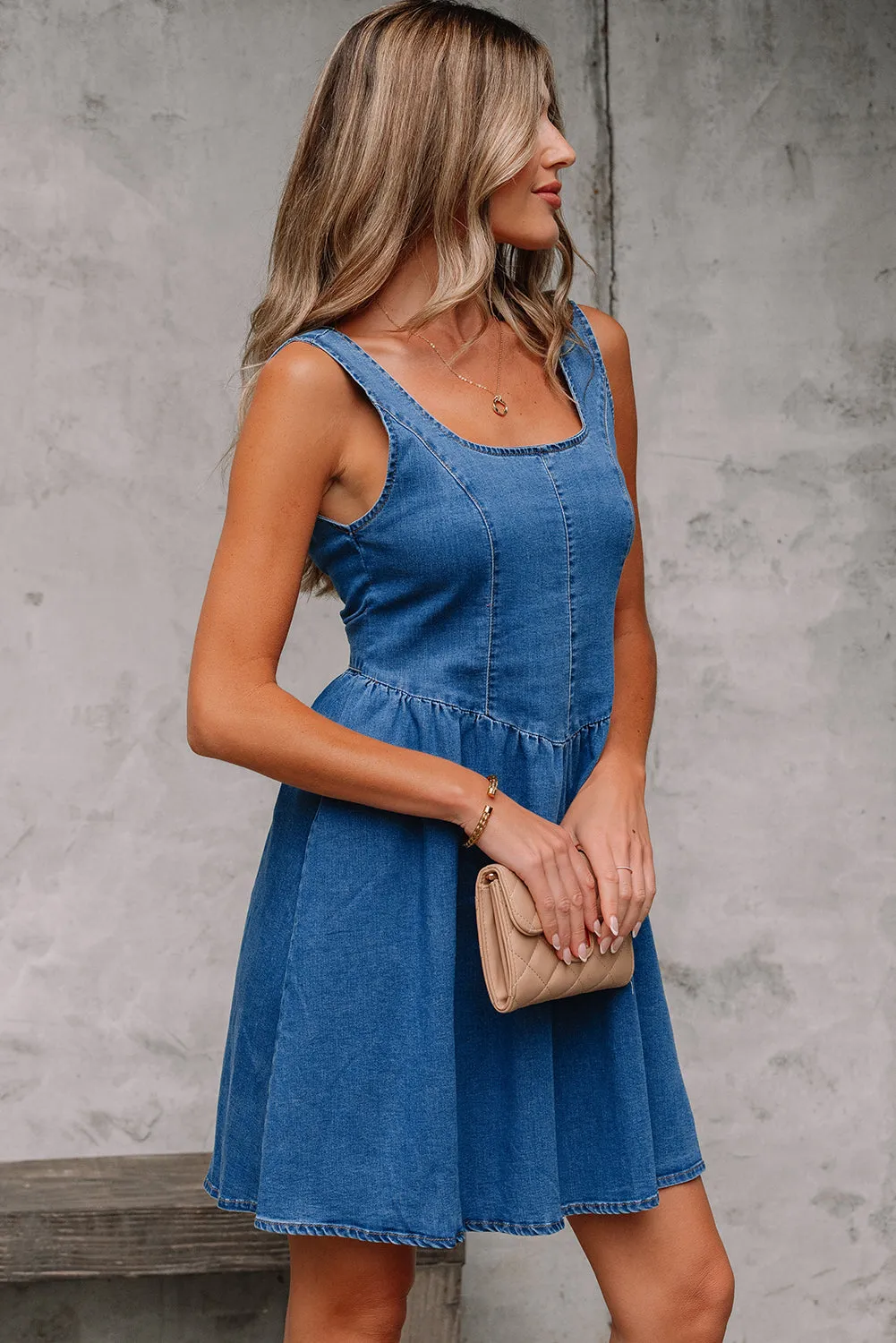 Emily Square Neck Bowknot A-line Denim Dress by Threaded Pear sold by Zulily product image thumbnail 3