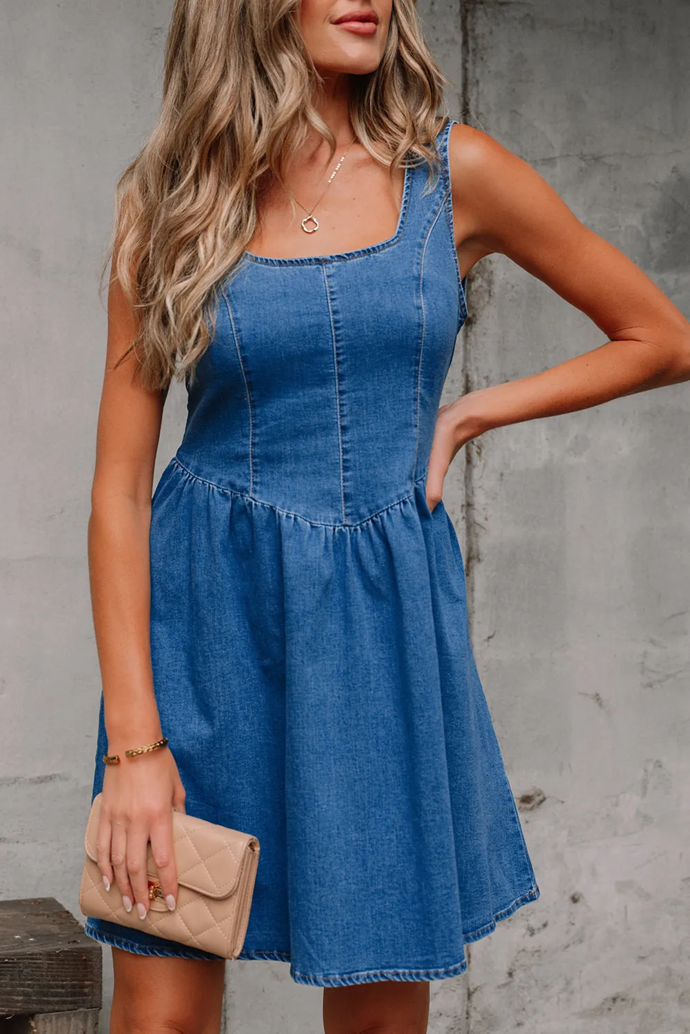 Emily Square Neck Bowknot A-line Denim Dress by Threaded Pear sold by Zulily product image thumbnail 5