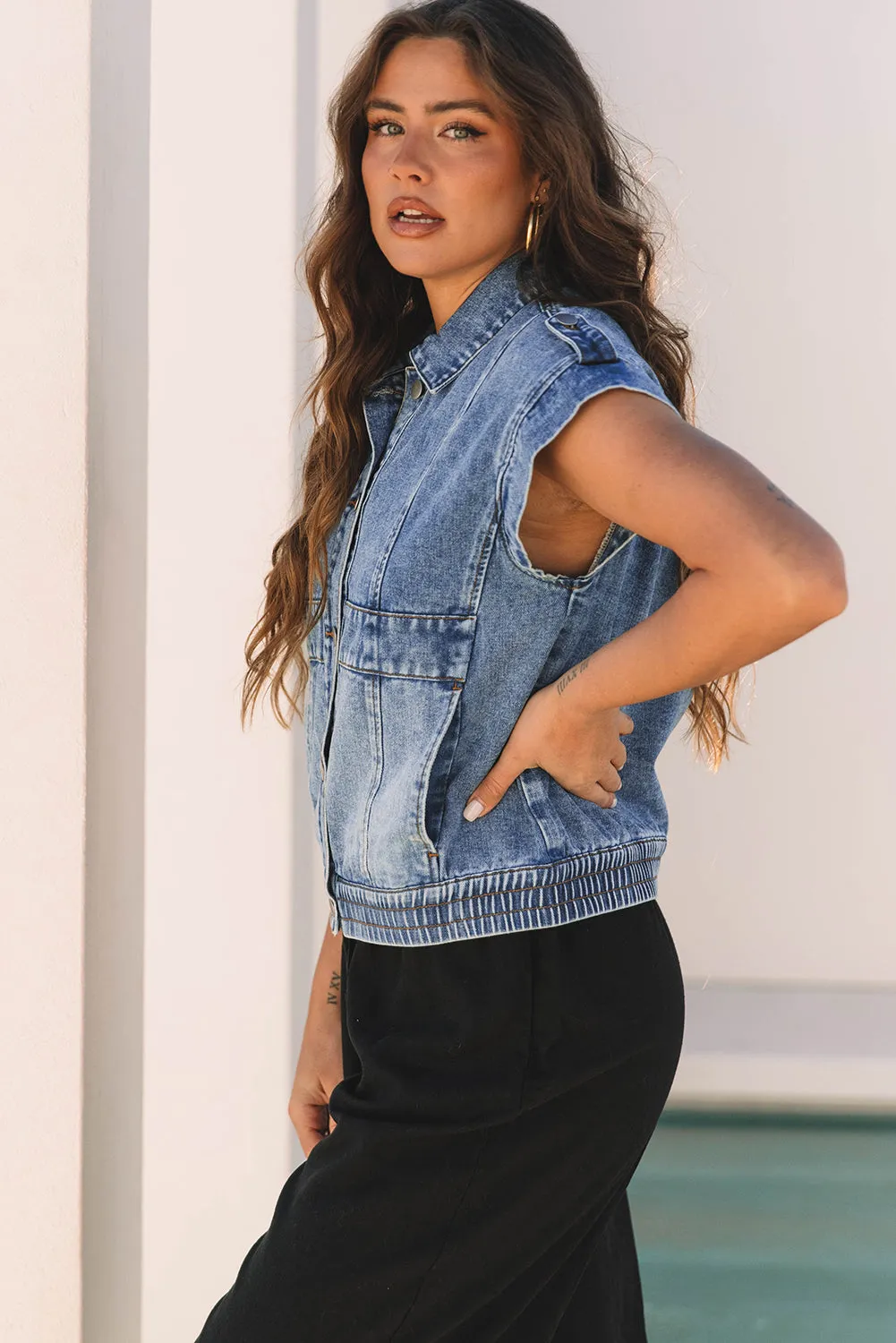 Nora Blue Acid Wash Elastic Hem Button Up Denim Vest by Threaded Pear sold by Zulily product image thumbnail 3