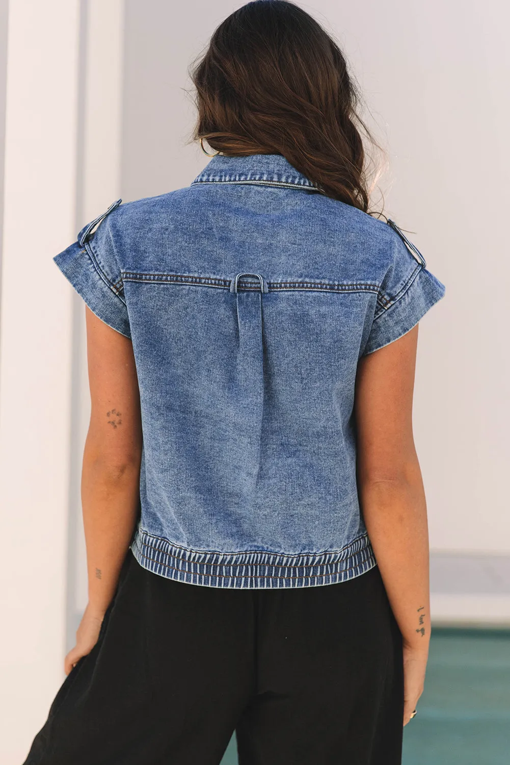 Nora Blue Acid Wash Elastic Hem Button Up Denim Vest by Threaded Pear sold by Zulily product image thumbnail 2