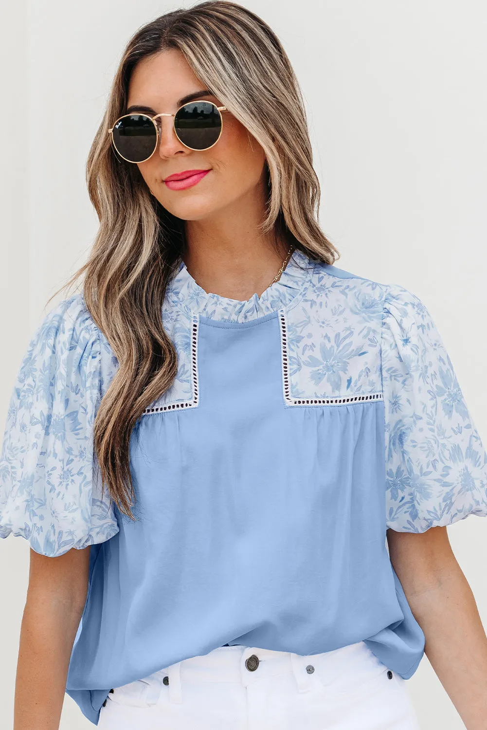 Saanvi Lace Floral Puff Sleeve Loose Blouse by Threaded Pear sold by Zulily product image thumbnail 4
