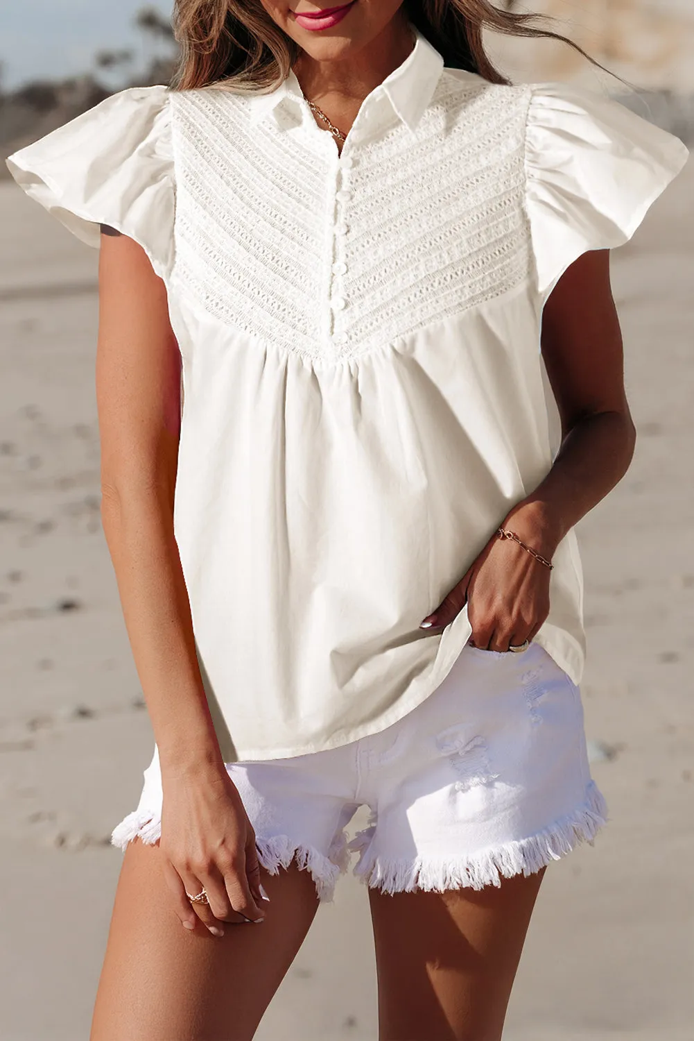 Noor Half Button Lace Flutter Sleeve Blouse by Threaded Pear sold by Zulily