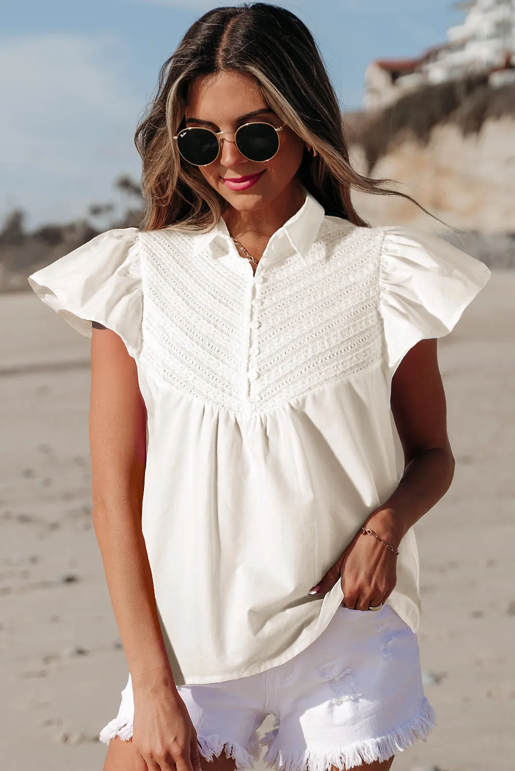 Noor Half Button Lace Flutter Sleeve Blouse by Threaded Pear sold by Zulily product image thumbnail 3