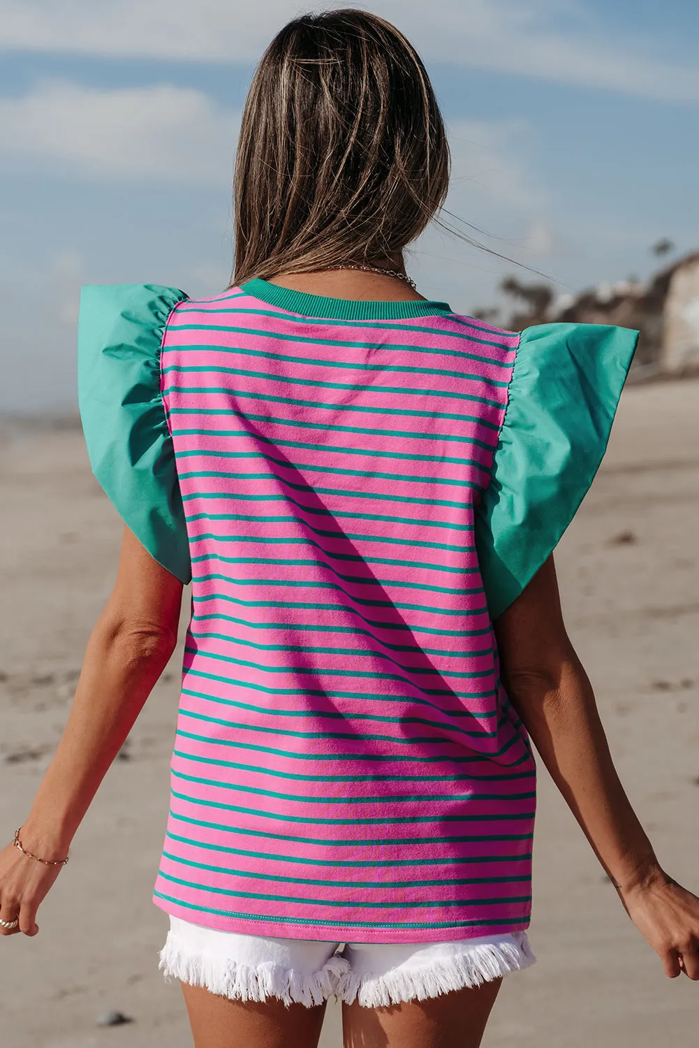 Adrianna Stripe Ruffled Sleeve Crew Neck Blouse by Threaded Pear sold by Zulily product image thumbnail 2