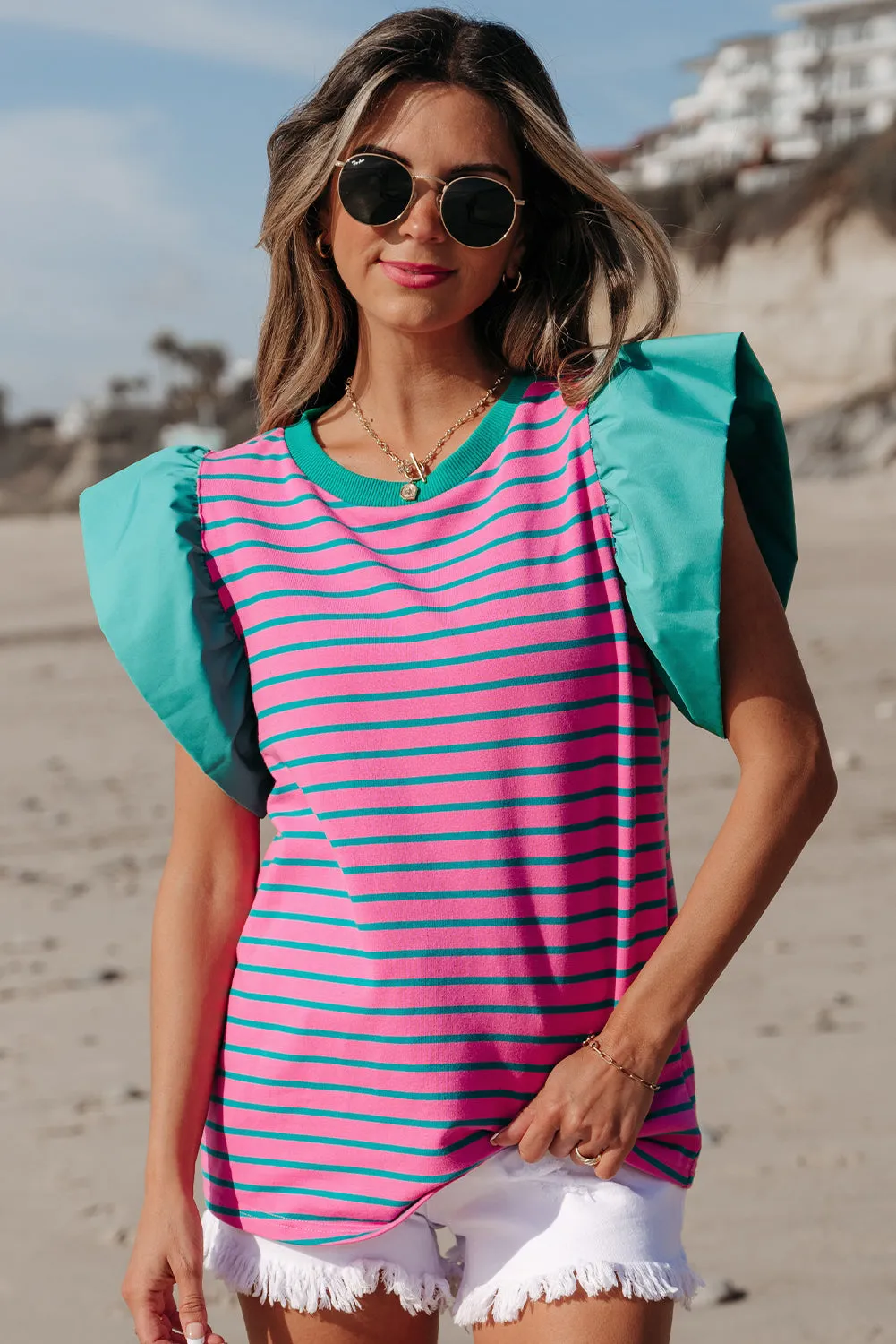 Adrianna Stripe Ruffled Sleeve Crew Neck Blouse by Threaded Pear sold by Zulily product image thumbnail 5
