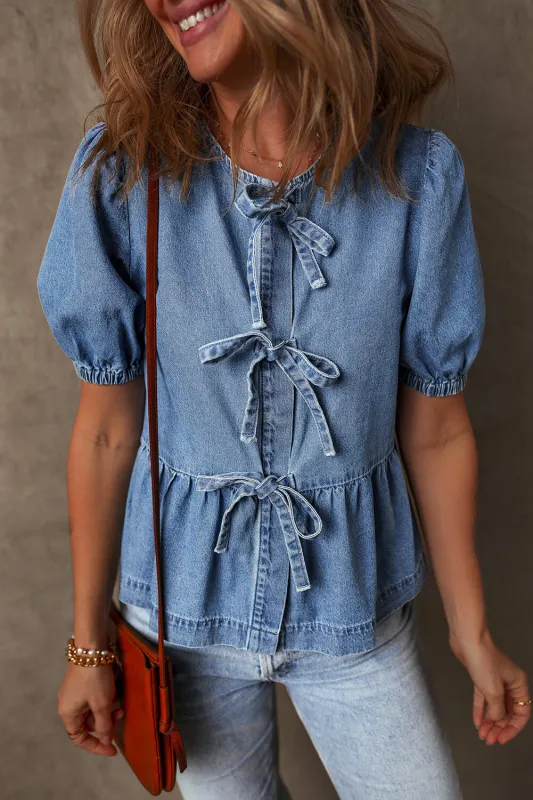 Hope Tied Front Bubble Sleeve Peplum Denim Shirt by Threaded Pear sold by Zulily