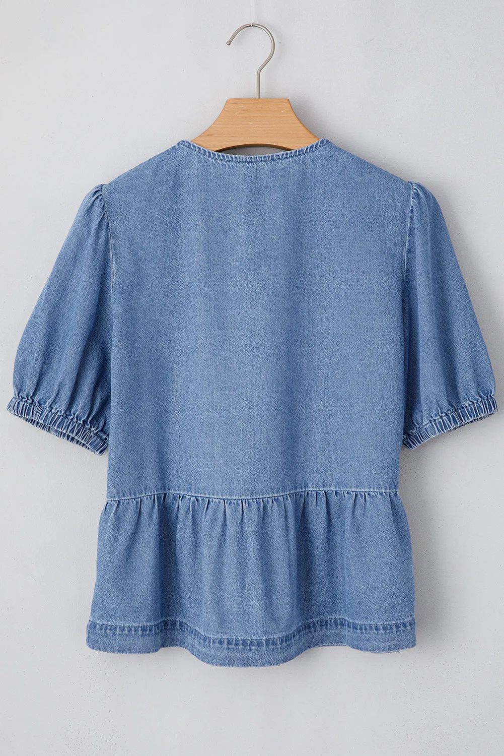 Hope Tied Front Bubble Sleeve Peplum Denim Shirt by Threaded Pear sold by Zulily product image thumbnail 5