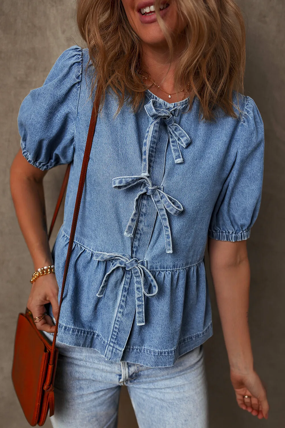 Hope Tied Front Bubble Sleeve Peplum Denim Shirt by Threaded Pear sold by Zulily product image thumbnail 3