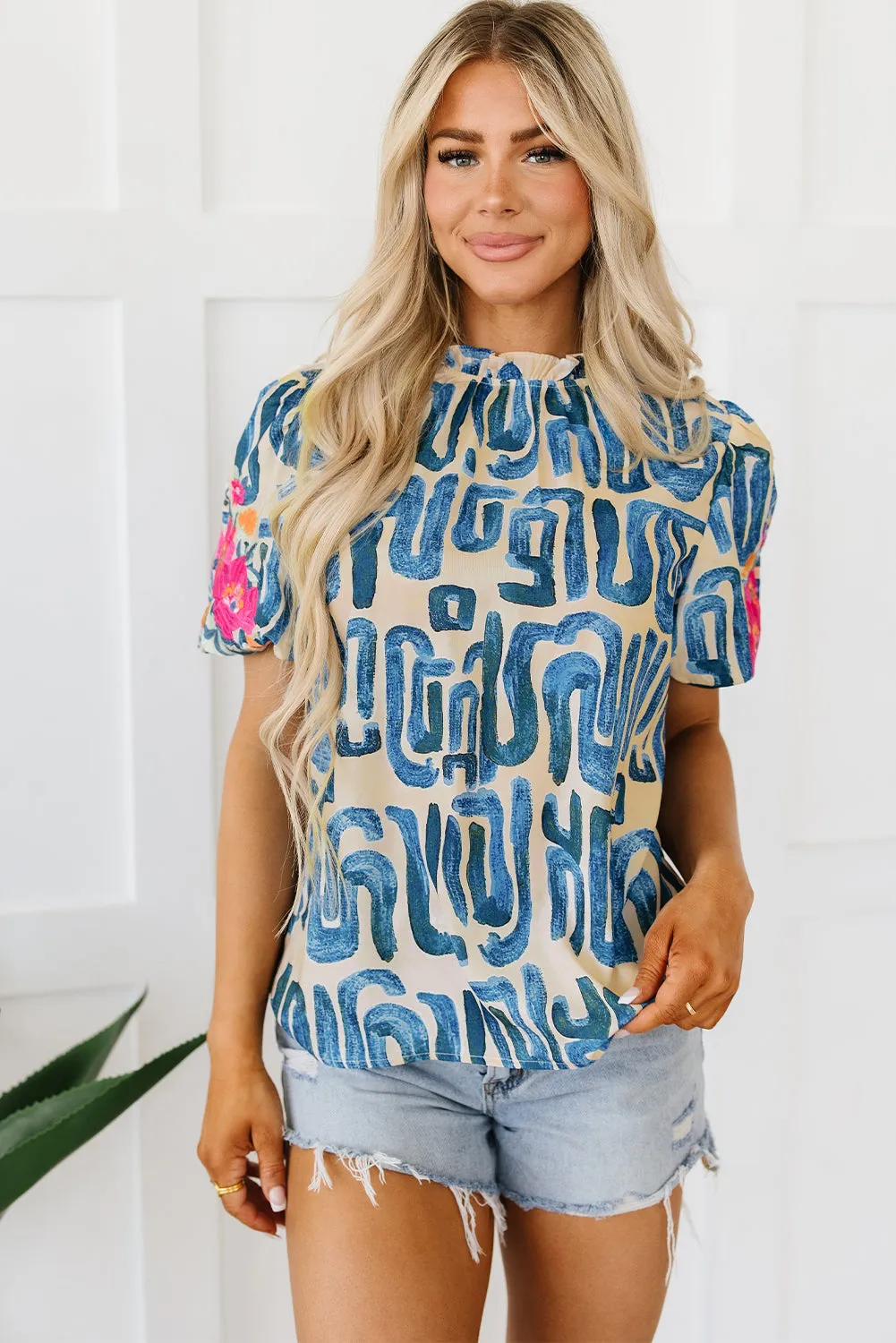Lara Puff Sleeve Frilled Neck Printed Top by Threaded Pear sold by Zulily product image thumbnail 4
