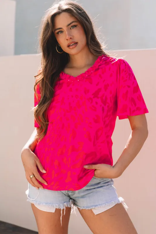 Laurel Leopard Frilly V Neck Short Sleeve Blouse by Threaded Pear sold by Zulily