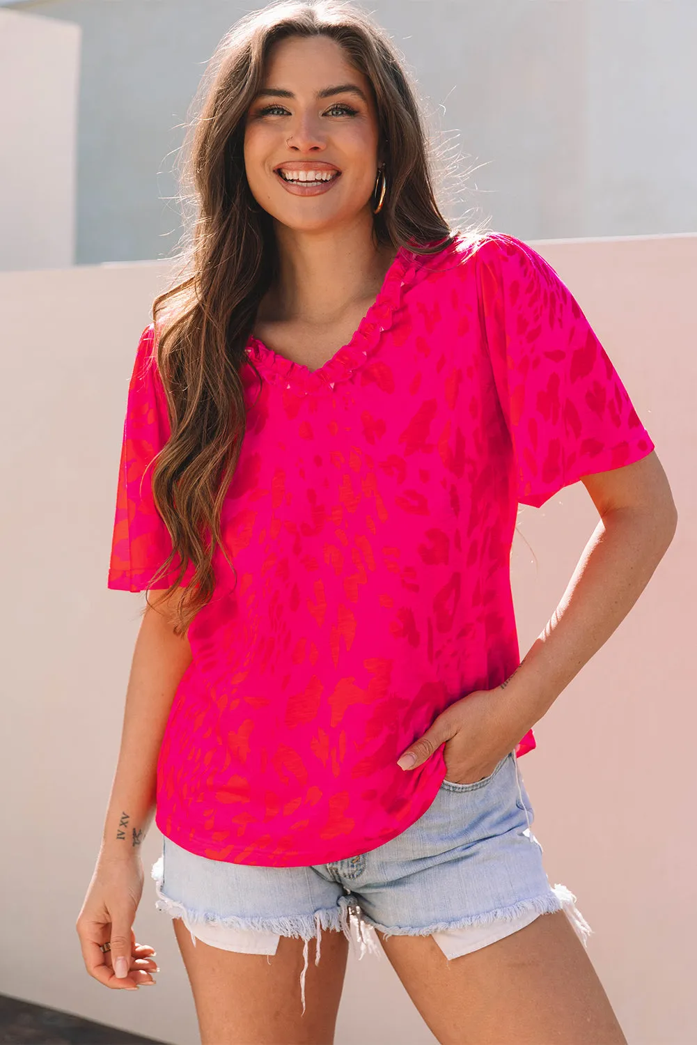 Laurel Leopard Frilly V Neck Short Sleeve Blouse by Threaded Pear sold by Zulily product image thumbnail 5