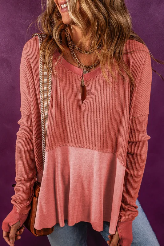 Giselle Exposed Seam Slit Neck Waffle Knit Patchwork Top by Threaded Pear sold by Zulily