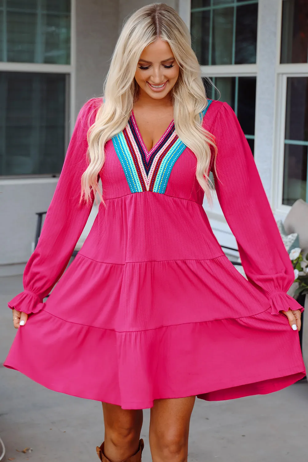 Lyra Crochet V Neck Long Sleeve Mini Dress by Threaded Pear sold by Zulily product image thumbnail 4