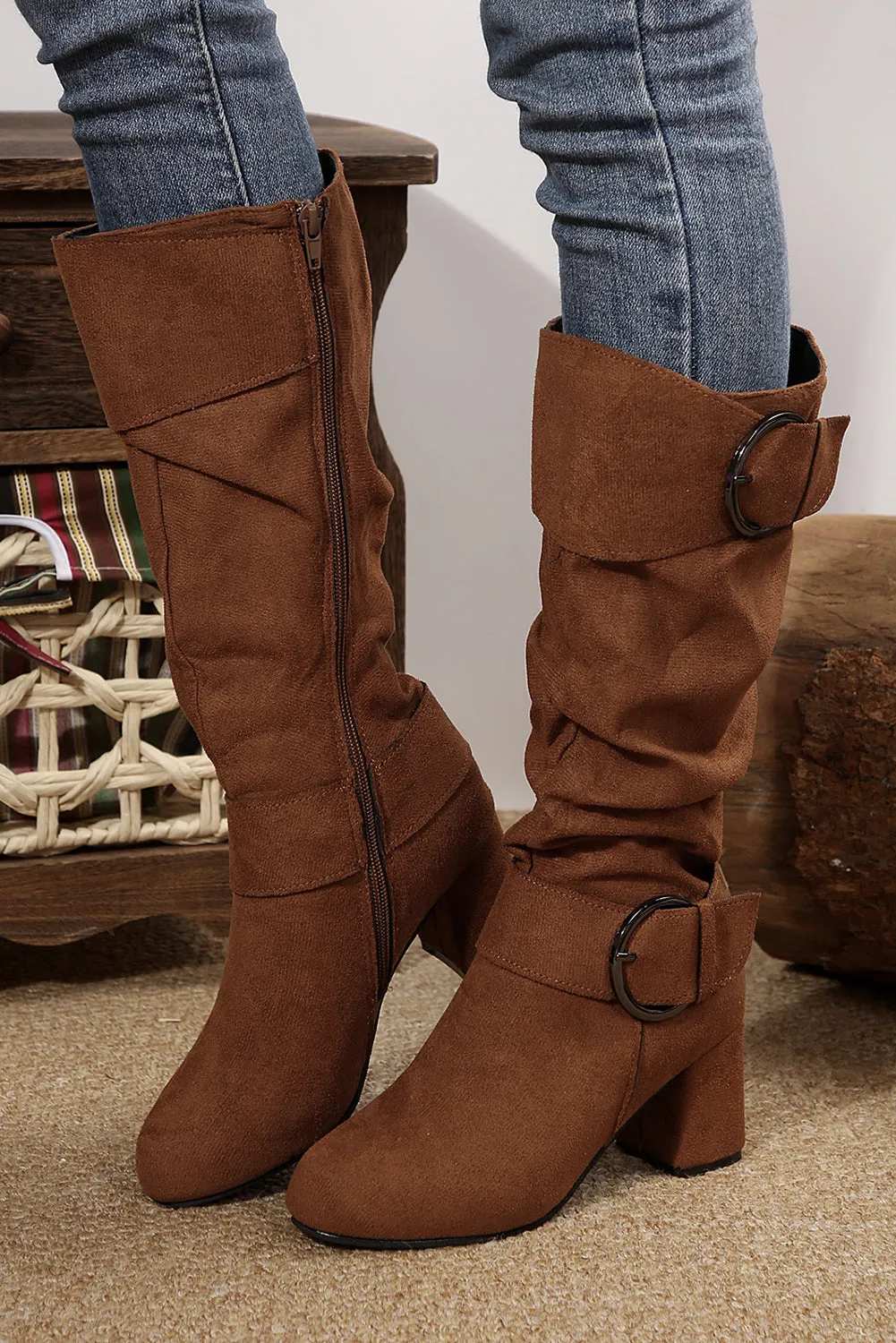 Suede Double Buckled Side Zipped Mid-calf Boots by Threaded Pear sold by Zulily product image thumbnail 2