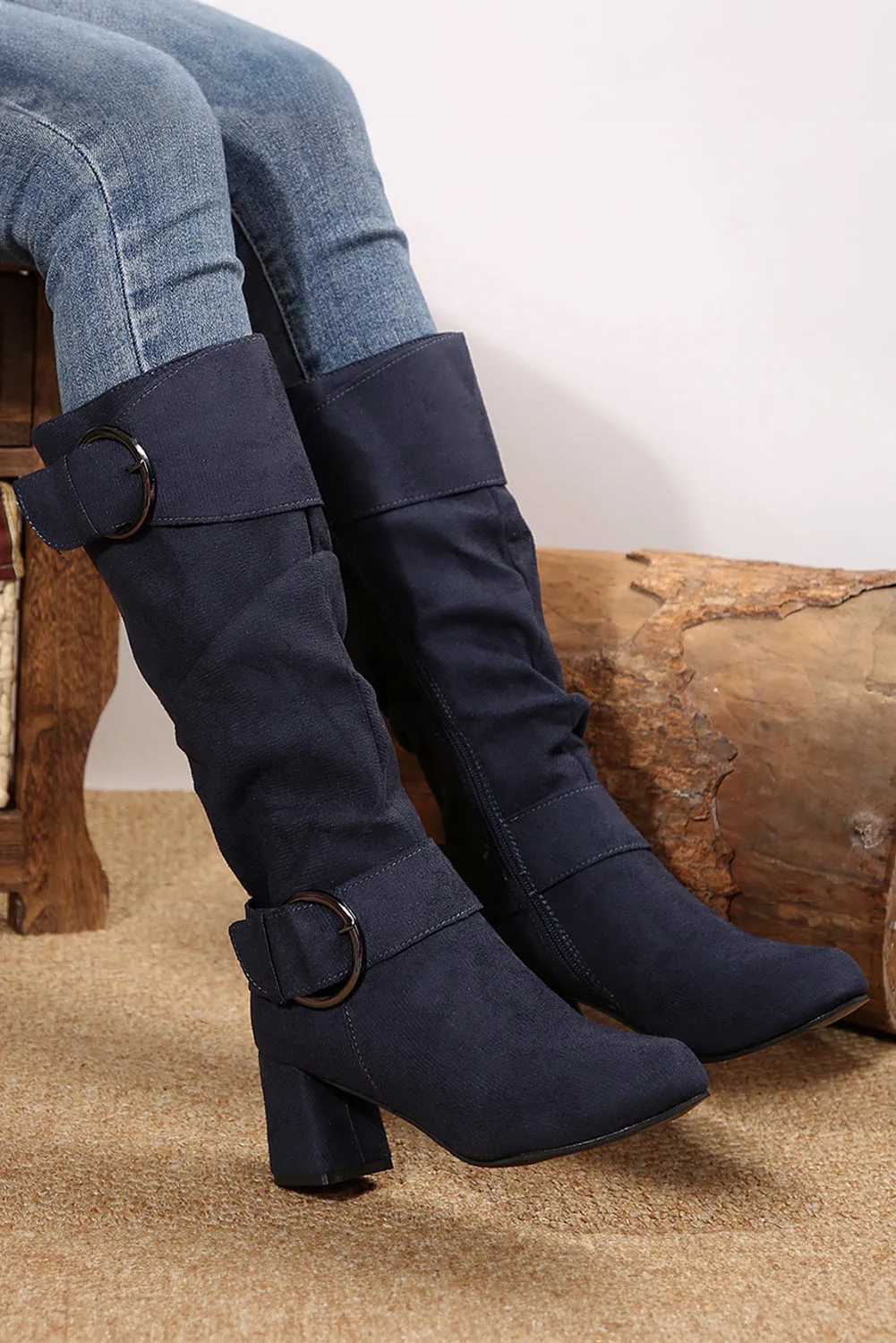 Suede Double Buckled Side Zipped Mid-calf Boots by Threaded Pear sold by Zulily product image thumbnail 4