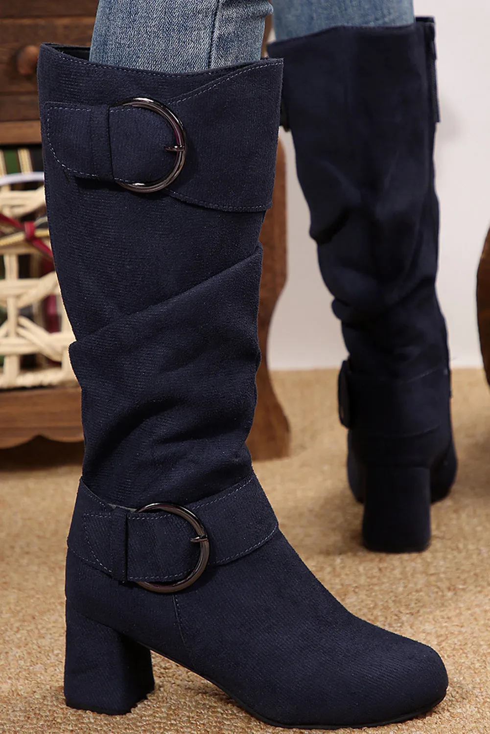 Suede Double Buckled Side Zipped Mid-calf Boots by Threaded Pear sold by Zulily product image thumbnail 5