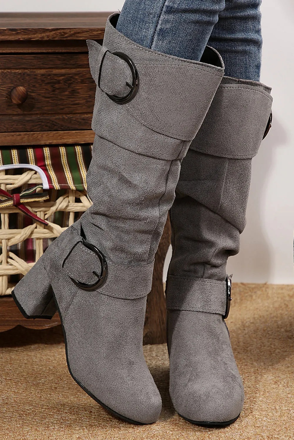 Suede Double Buckled Side Zipped Mid-calf Boots by Threaded Pear sold by Zulily