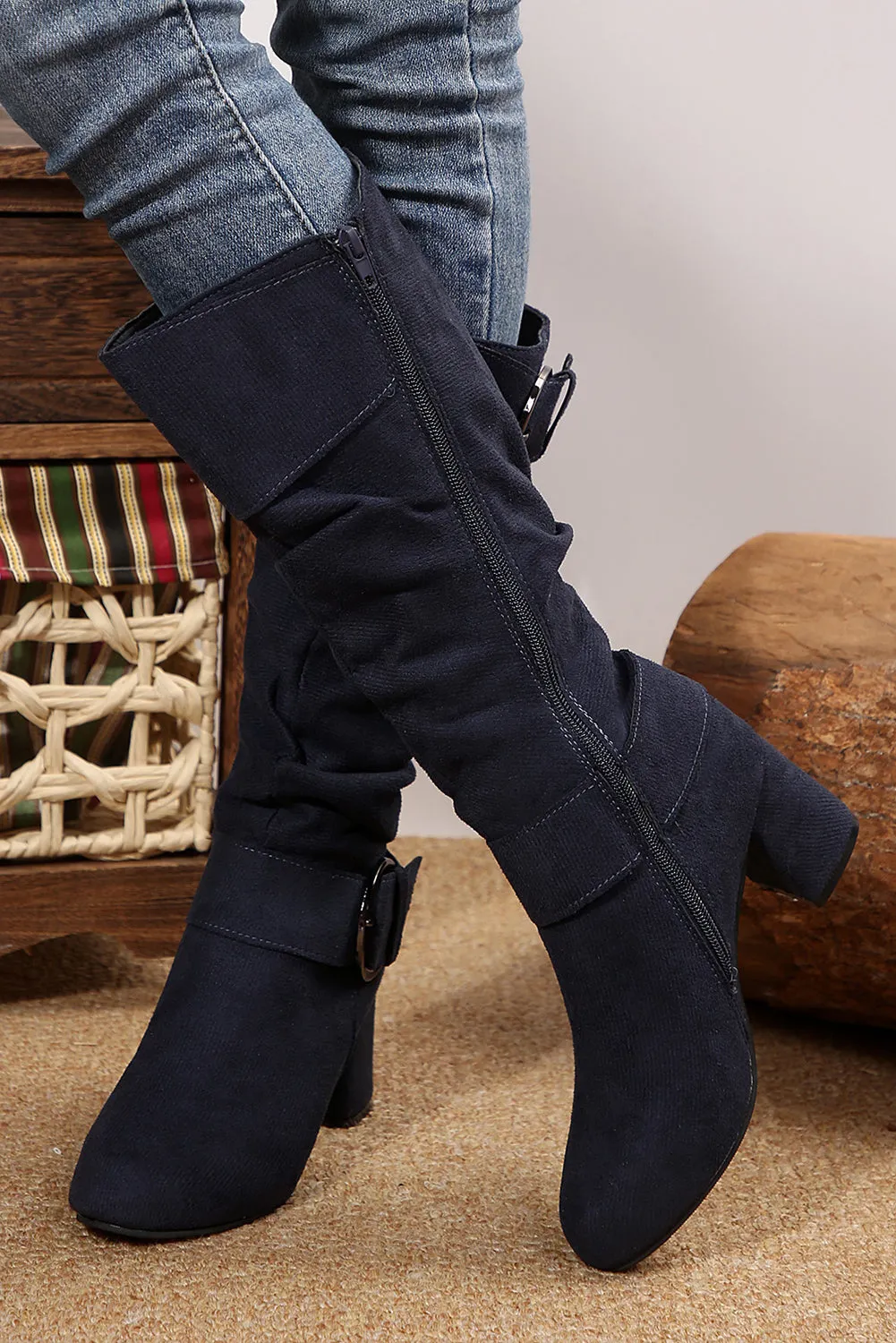 Suede Double Buckled Side Zipped Mid-calf Boots by Threaded Pear sold by Zulily product image thumbnail 3