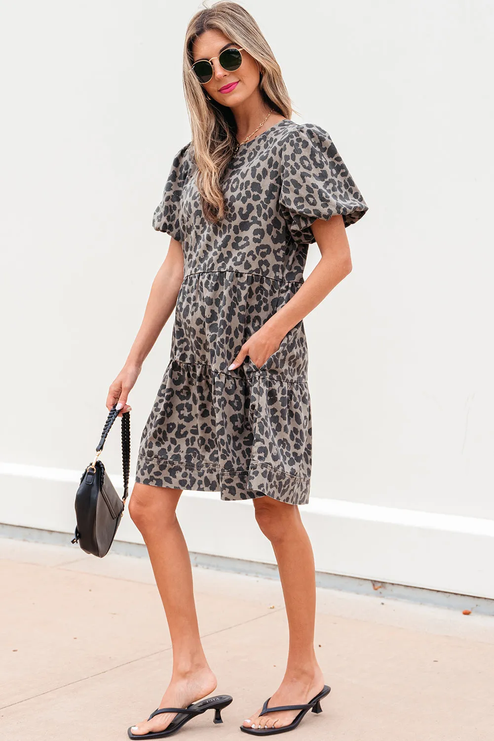 Zaylee Denim Leopard Short Puff Sleeve Mini Dress by Threaded Pear sold by Zulily product image thumbnail 5