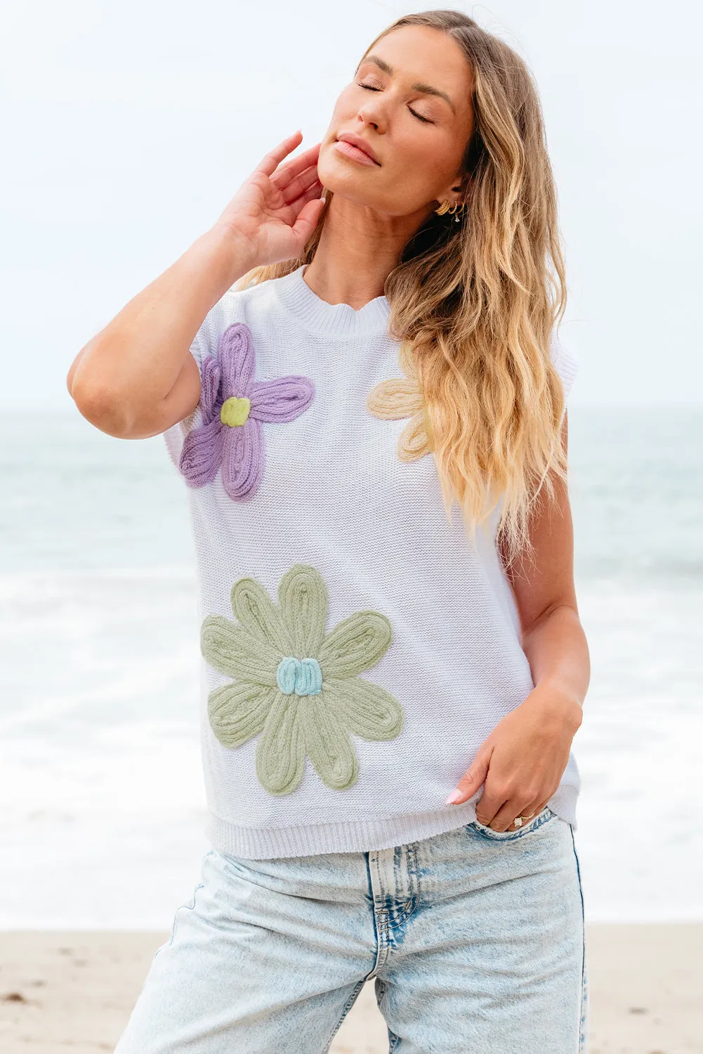 Hannah Crochet Flower Knit Short Sleeve Sweater Top by Threaded Pear sold by Zulily product image thumbnail 4