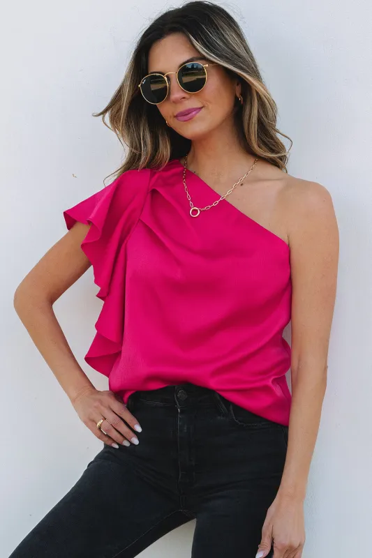 Madelynn Asymmetric Shoulder Ruffle Sleeve Blouse by Threaded Pear sold by Zulily