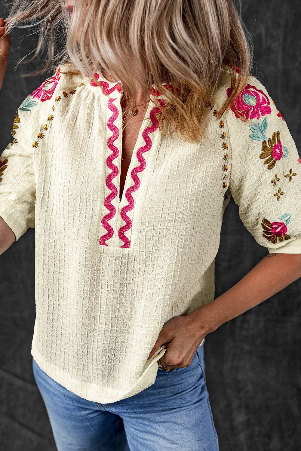 August Floral Embroidered Puff Sleeve Blouse by Threaded Pear sold by Zulily product image thumbnail 4