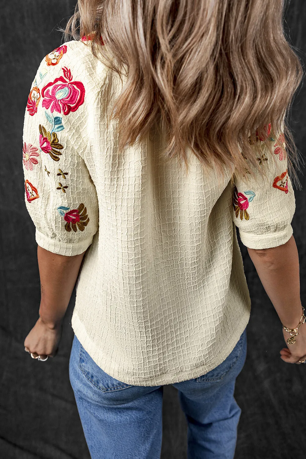 August Floral Embroidered Puff Sleeve Blouse by Threaded Pear sold by Zulily product image thumbnail 2