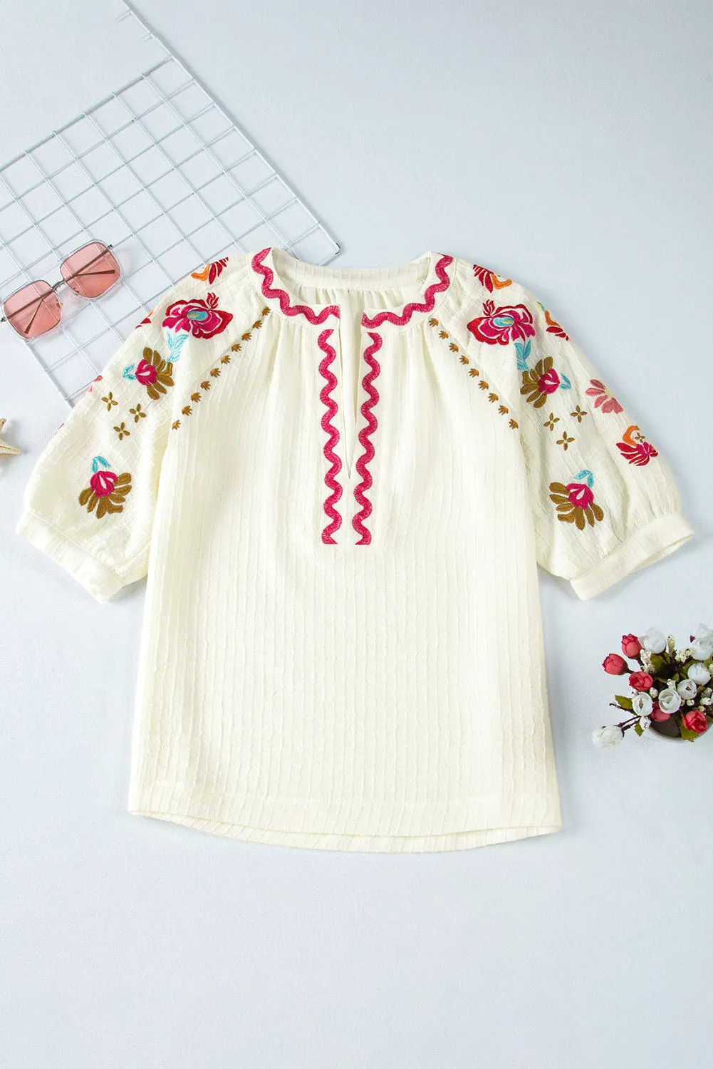 August Floral Embroidered Puff Sleeve Blouse by Threaded Pear sold by Zulily product image thumbnail 5
