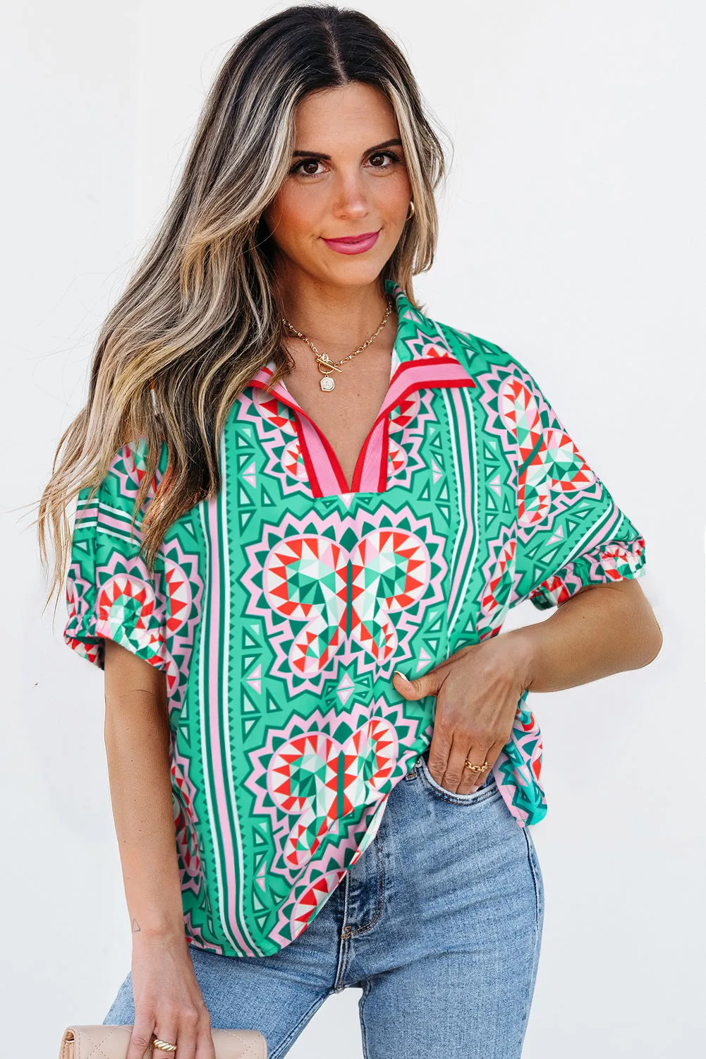 Kamiyah Boho Abstract Striped Collared V Neck Blouse by Threaded Pear sold by Zulily