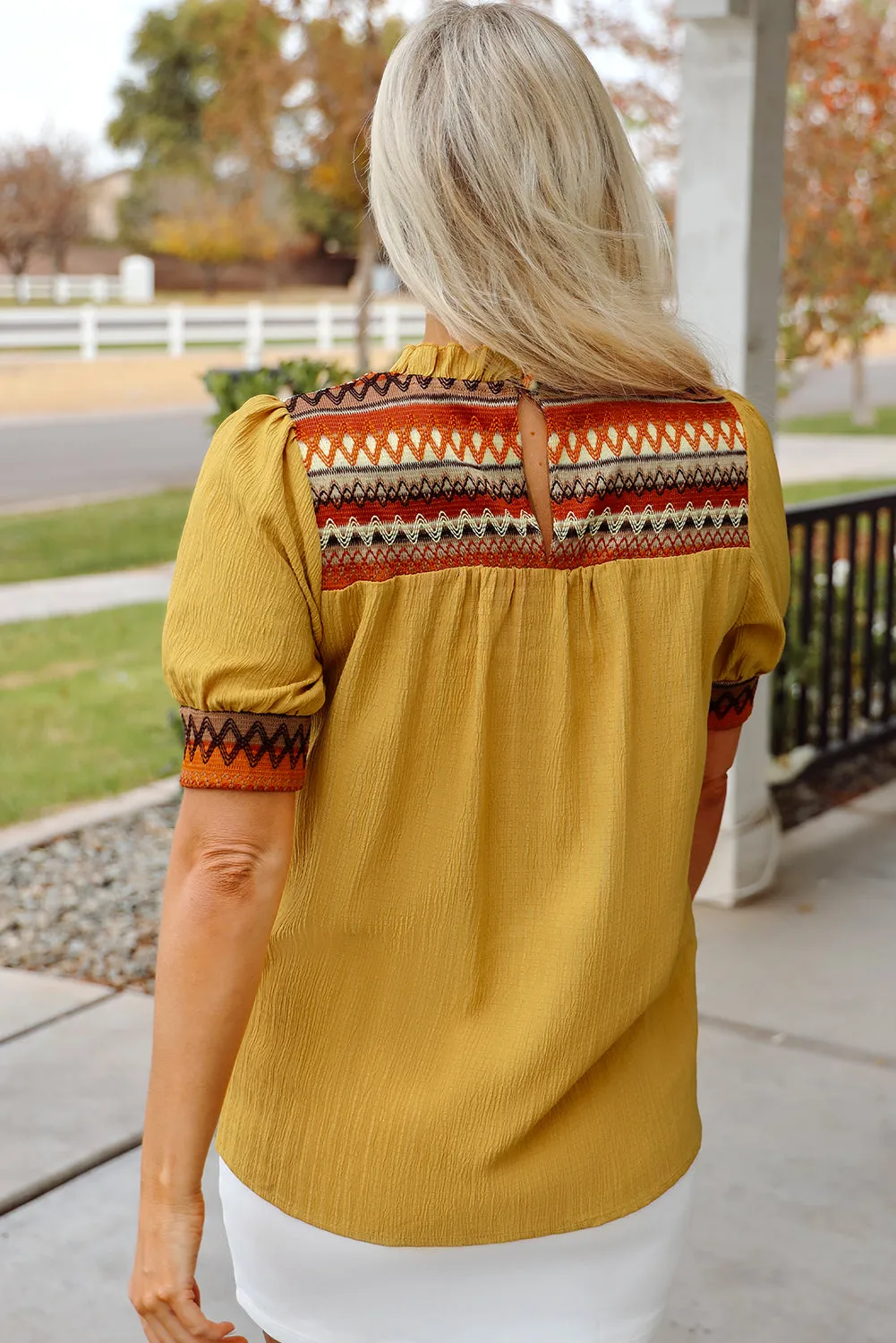 Jazlyn Geometric Short Puff Sleeve Frilled Blouse by Threaded Pear sold by Zulily product image thumbnail 2