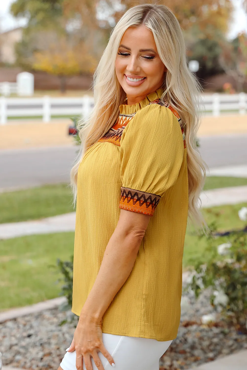 Jazlyn Geometric Short Puff Sleeve Frilled Blouse by Threaded Pear sold by Zulily product image thumbnail 3