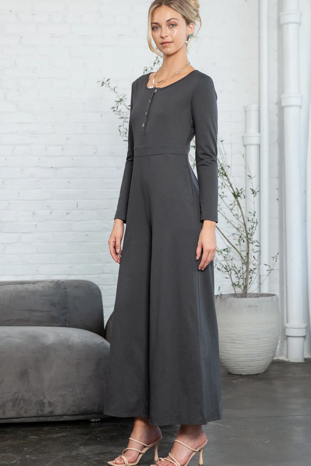 Trinity Button Long Sleeve Wide Leg Jumpsuit by Threaded Pear sold by Zulily product image thumbnail 3