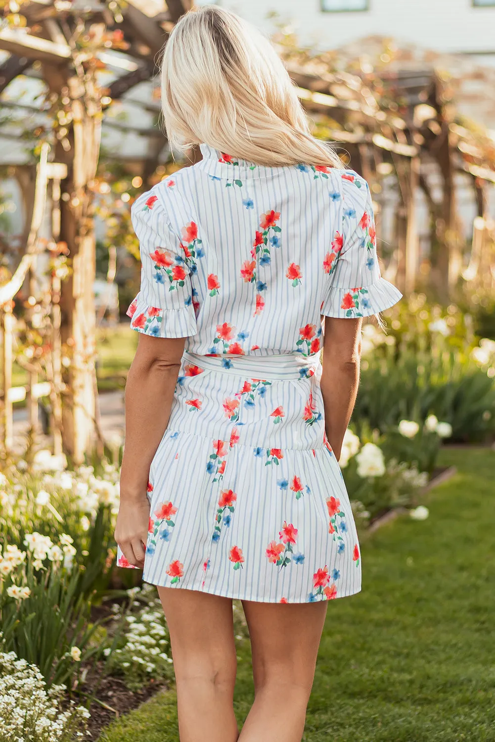 Siya Blue Stripe Floral Ruffle Short Sleeve Belted Mini Dress by Threaded Pear sold by Zulily product image thumbnail 2