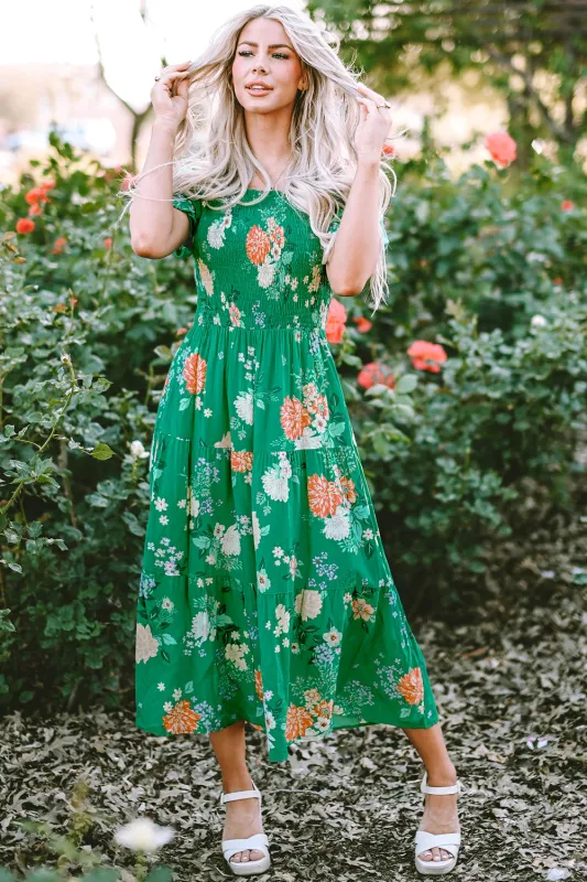 Kailany Floral Bubble Sleeve Smocked Tiered Midi Dress by Threaded Pear sold by Zulily