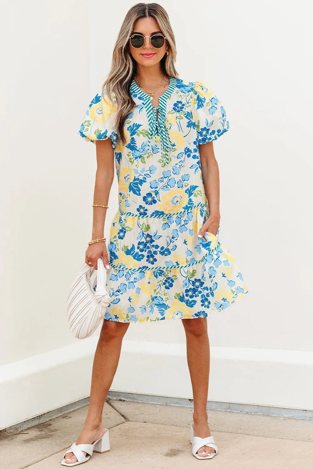 Payton Floral Striped Trim Puff Short Sleeve Dress by Threaded Pear sold by Zulily product image thumbnail 5