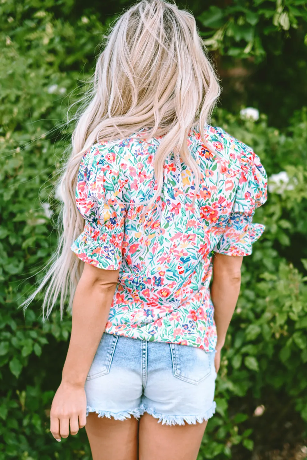Azaria Floral Print Button Split Neck Puff Sleeve Blouse by Threaded Pear sold by Zulily product image thumbnail 2