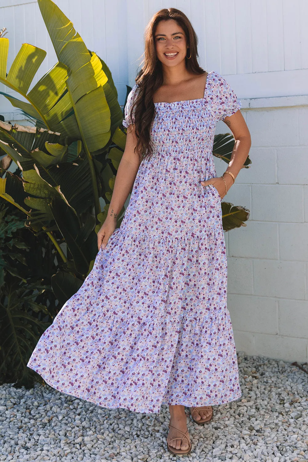 Lacey Floral Short Bubble Sleeve Maxi Dress by Threaded Pear sold by Zulily product image thumbnail 5