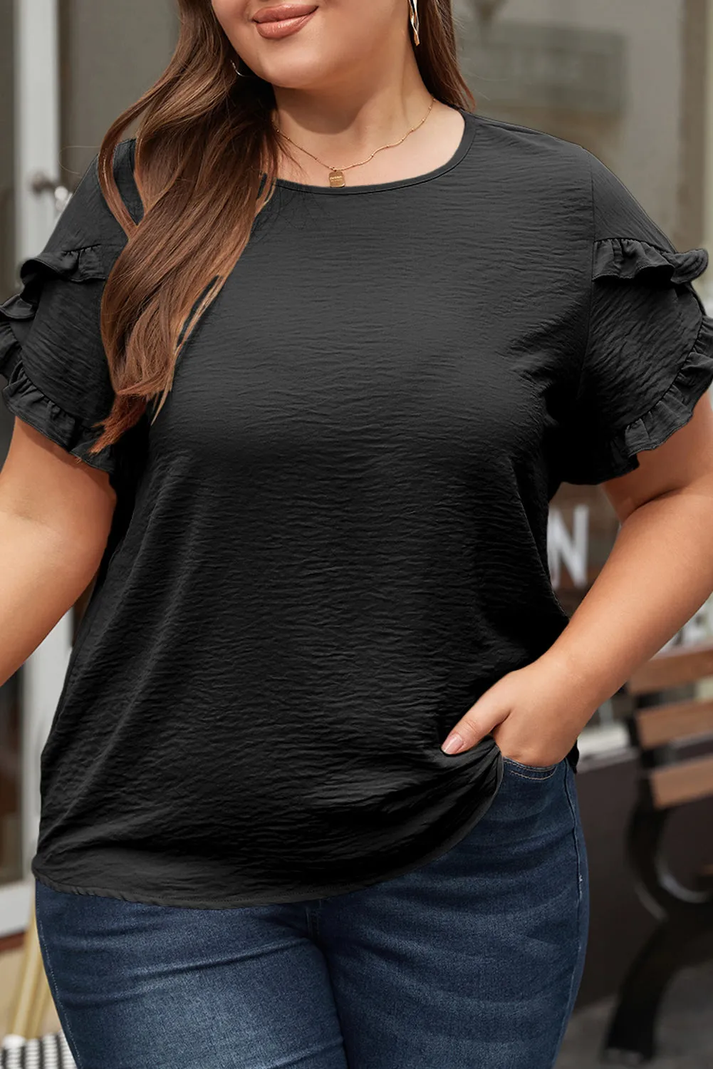 Paulina Ruffled Short Sleeve Plus Size Top by Threaded Pear sold by Zulily